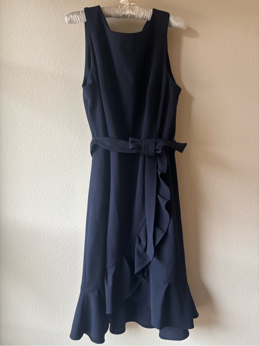 Calvin Klein navy ruffle waist tie dress
